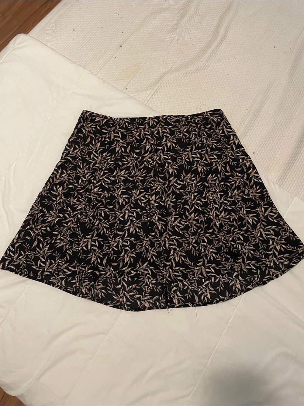 Black Floral Circle Skirt with Beige Leaf Print